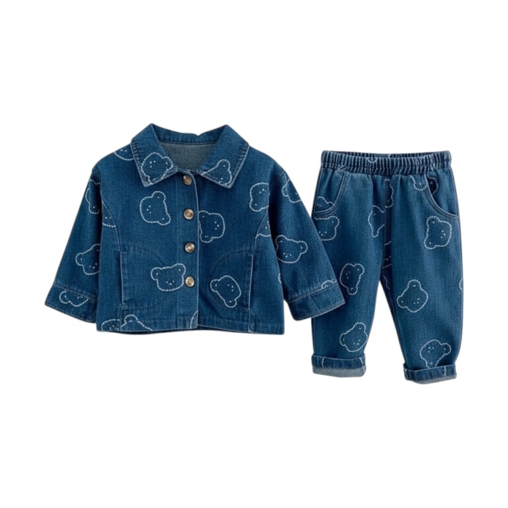Denim Bear Print Jacket and Jogger Set