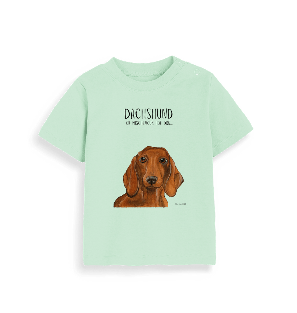 Mischievous Hot Dog Baby Tee – Small But Mighty! Red Dachshund