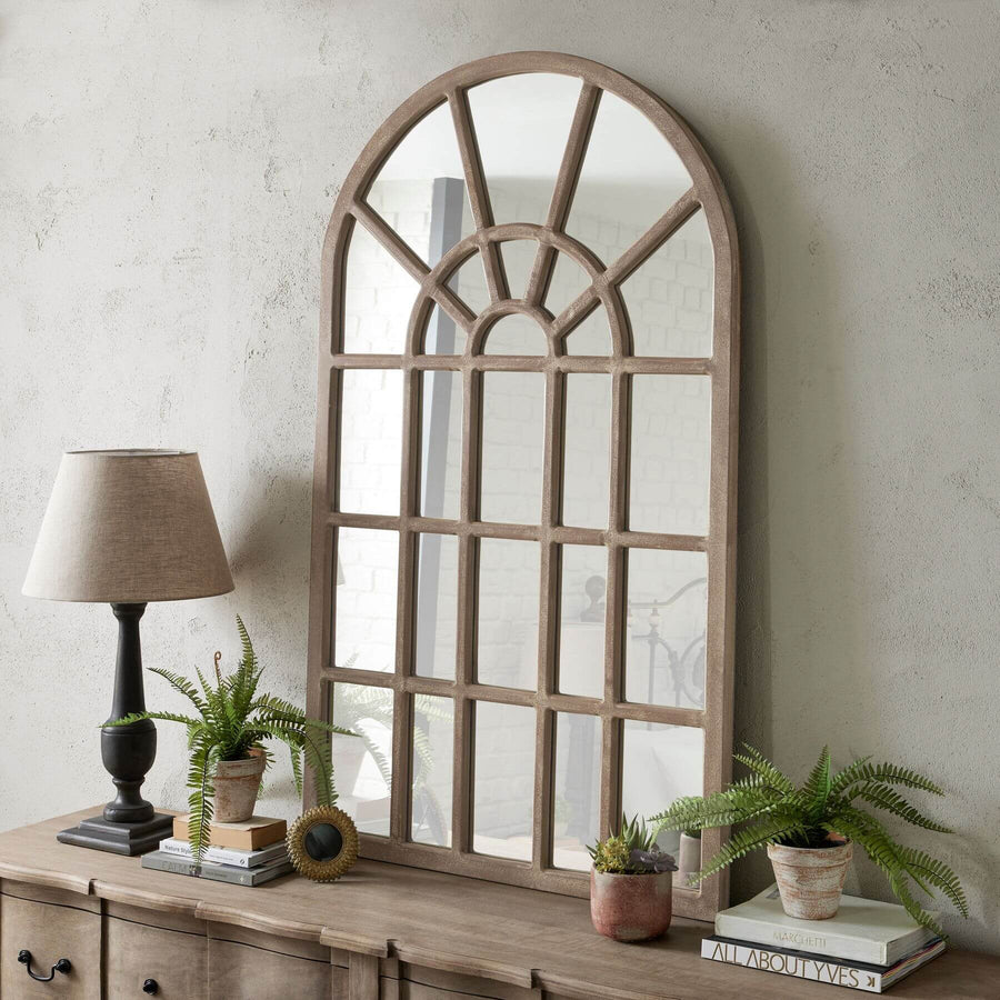 Copgrove arched wall mirror in bleached hardwood with black ironwork, French-inspired paned design, 150cm height by Sostter at brixbailey.com
