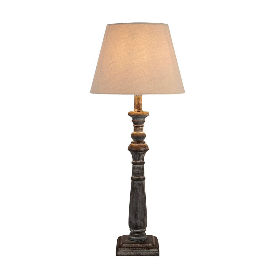 Handcrafted Incia table lamp with grey-washed wood base and linen shade, warm brown neutral lighting for bedside or living room by Sostter at brixbailey.com