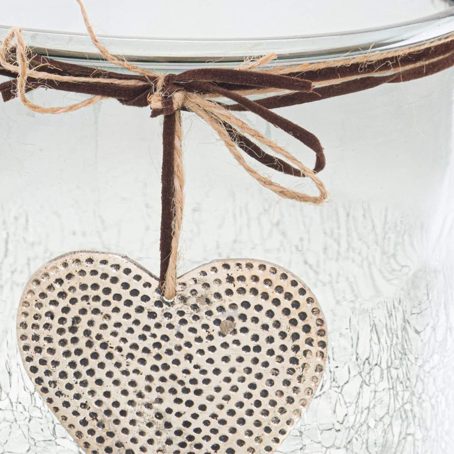 Midnight ombre glass vessel with crackled texture, hand-hammered heart charm, and faux leather cord for candles or decor by Sostter at brixbailey.com