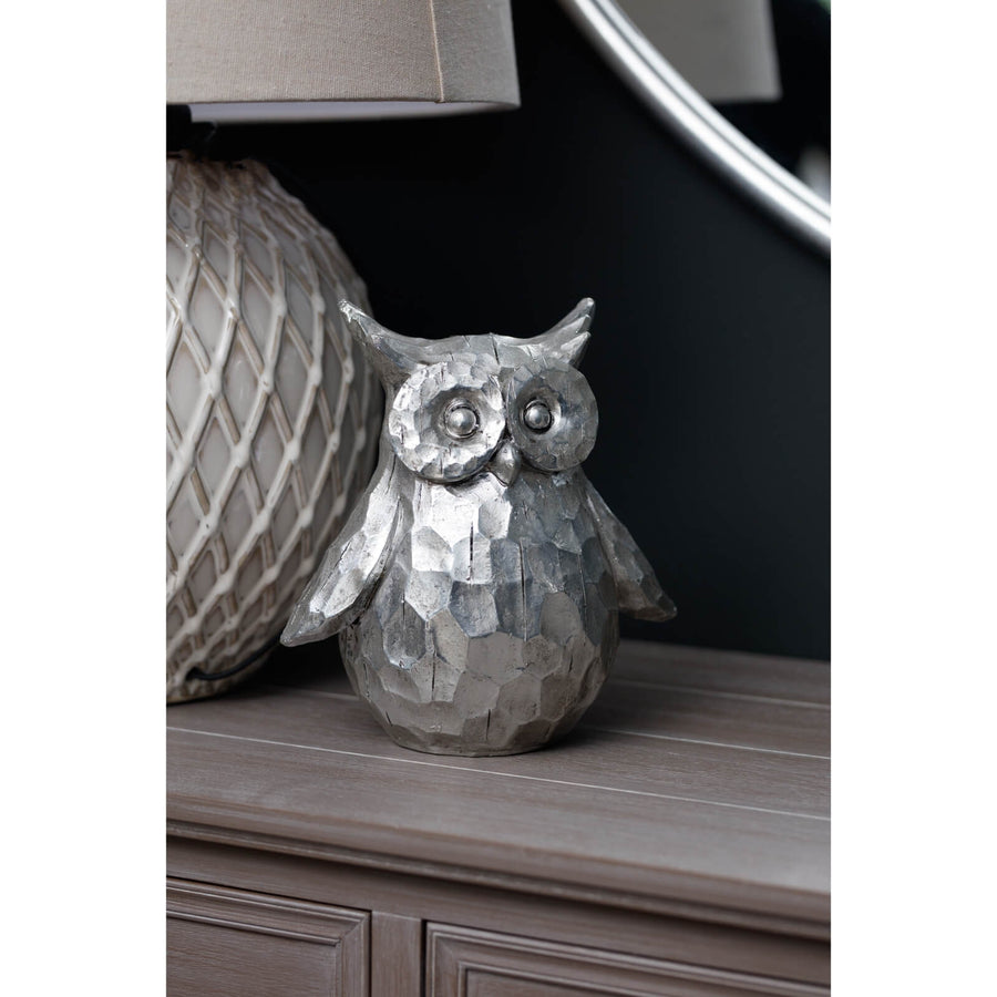 Handcrafted silver ceramic owl decor with textured feathers, 23cm tall, elegant centerpiece for shelves or mantels. by Sostter at brixbailey.com