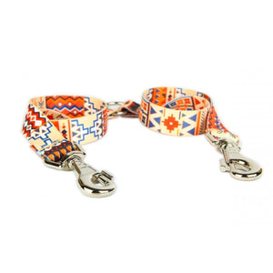 bold close-up of a vibrant boho dog leash splitter with two dogs in golden hour light