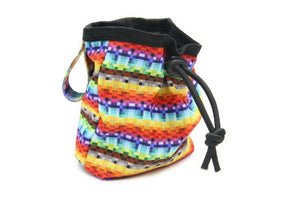bold pixel-pattern dog treat bag clipped to a leash for hands-free walking