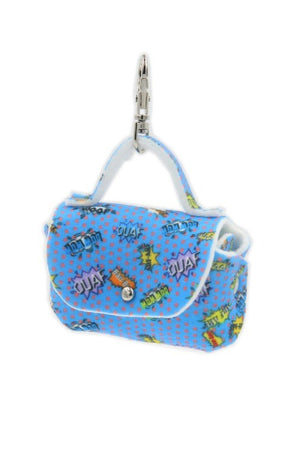 bold blue graffiti dog bag dispenser clipped to a leash for urban pet owners