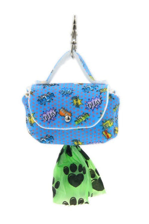 soft blue graffiti felt dog bag dispenser clipped to a leash