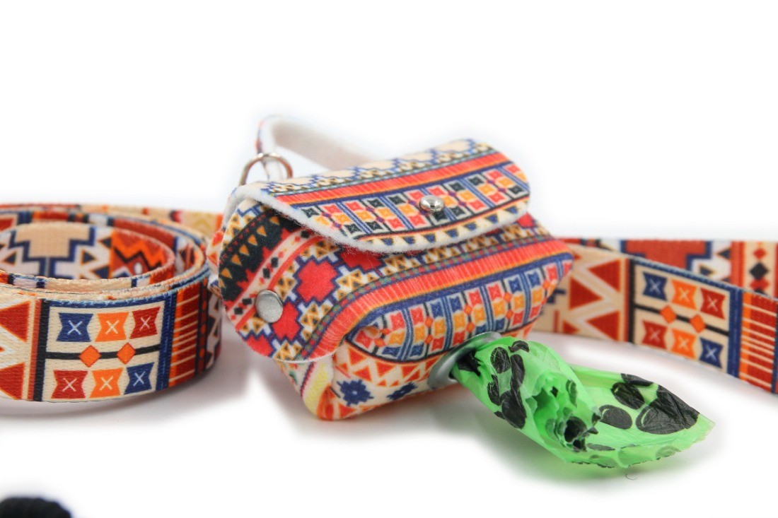functional boho dog bag dispenser on a leash during an afternoon walk