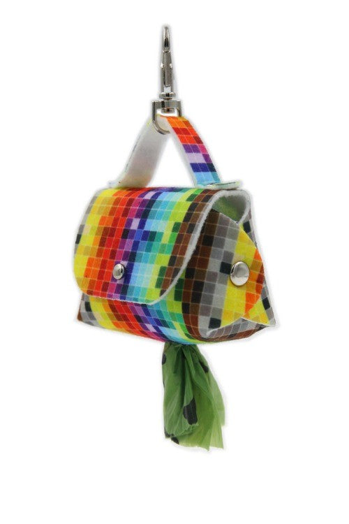 pixels dog waste bag dispenser in warm morning light attached to a leash