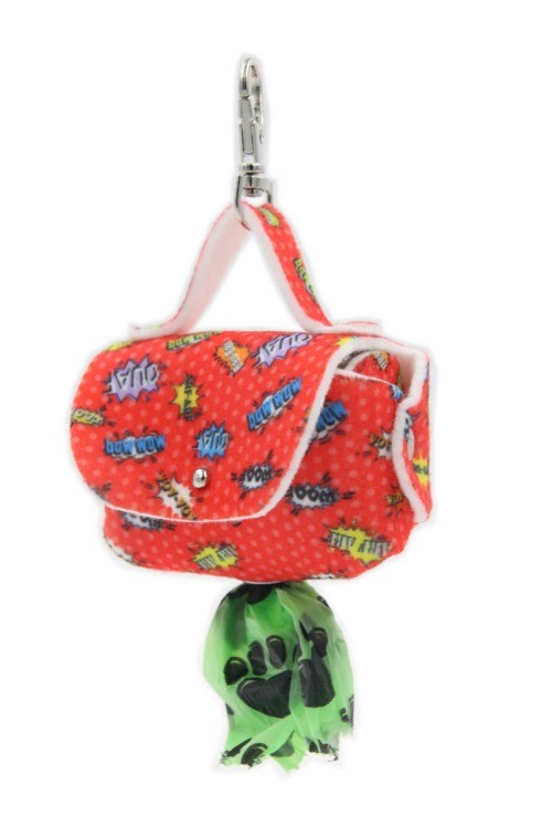 bold red graffiti dog bag dispenser on a leash in dramatic light