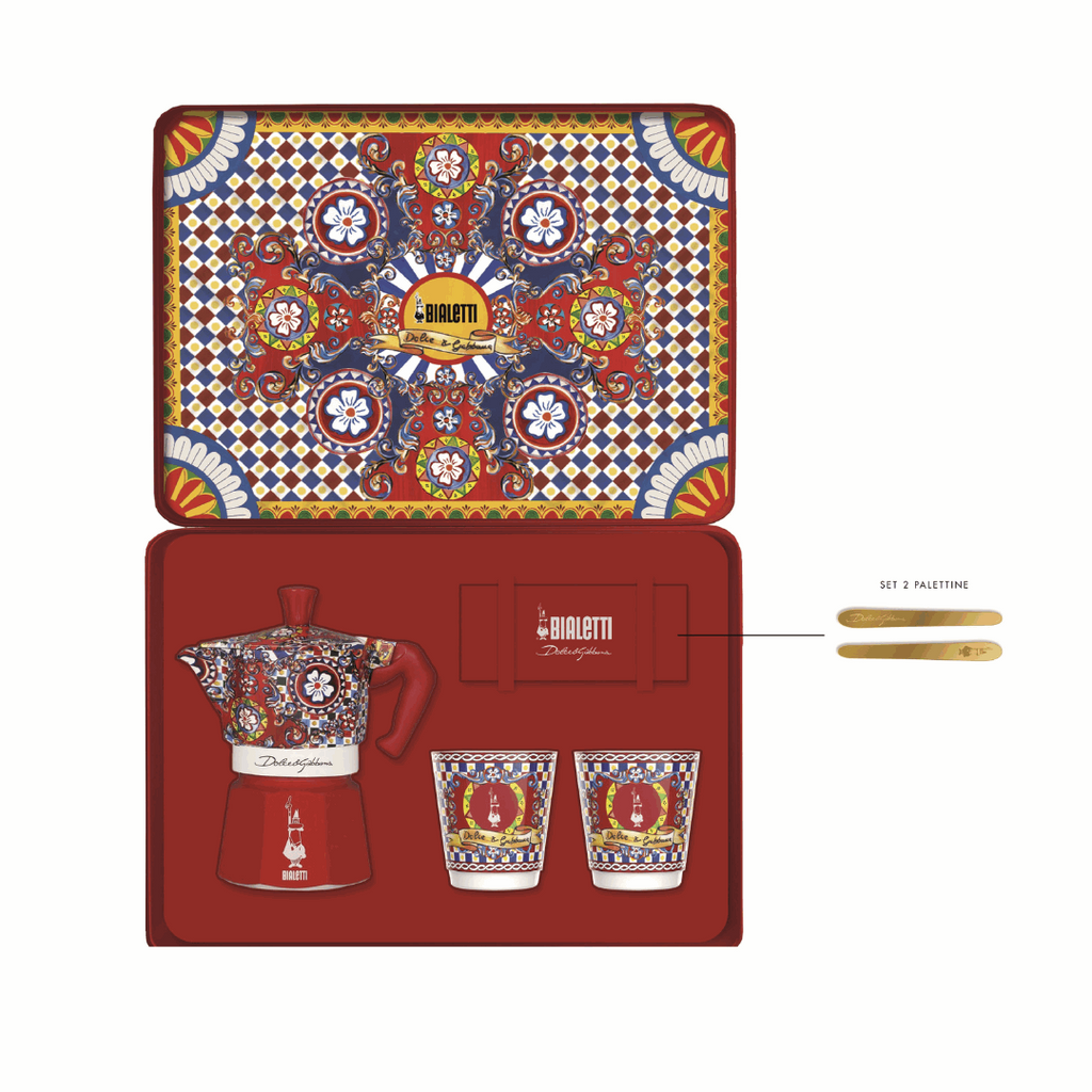 Sicilian Cart Moka 2 Cup Gift Set with Espresso Cups and Gold Stirrers