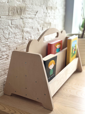 bold double sided bookshelf for kids in a modern nursery with warm morning light