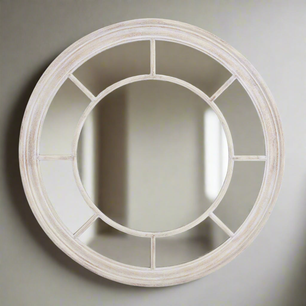 Handcrafted driftwood-style round mirror with weathered patina, 90cm diameter, warm brown wood frame for coastal decor. by Sostter at brixbailey.com