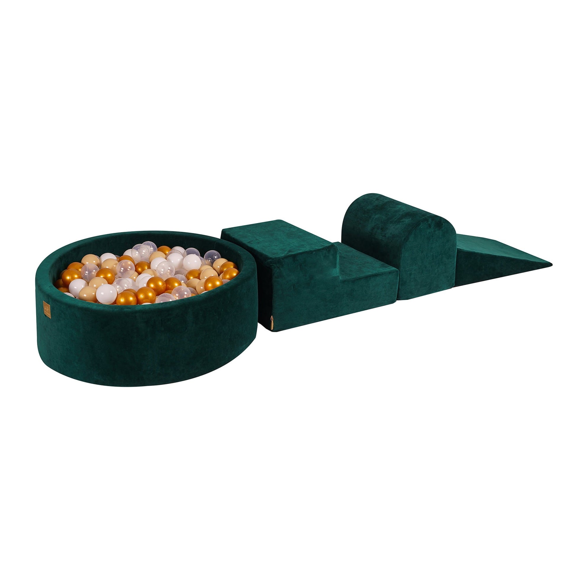 bold deep green velvet play set with golden ball pit in dramatic studio lighting