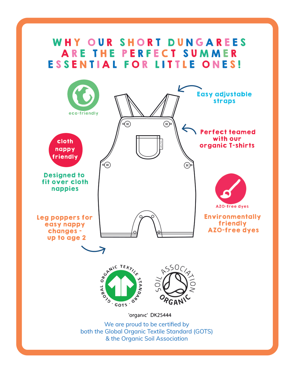 Organic Turtle Applique Dungaree Shorts for Children