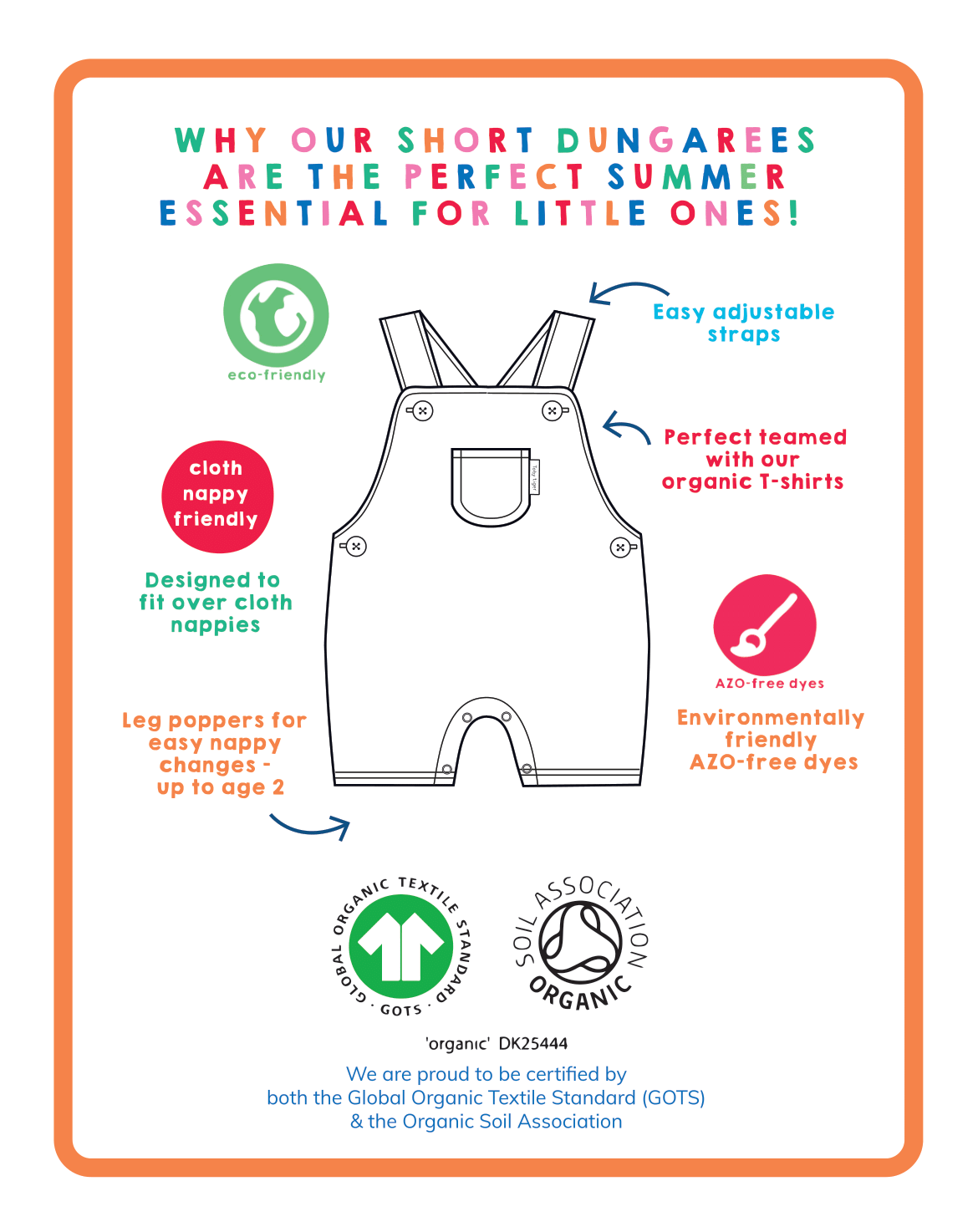 Organic Turtle Applique Dungaree Shorts for Children