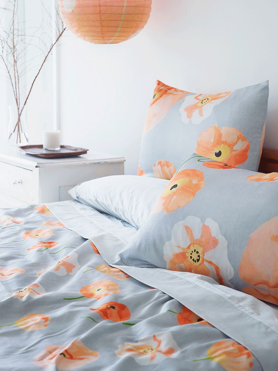 Peach Poppies on Grey Duvet Cover