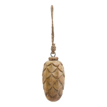 Hand-carved wooden pine cone Christmas ornament with layered scales, rich brown wood grain, 10cm holiday decor by Sostter at brixbailey.com