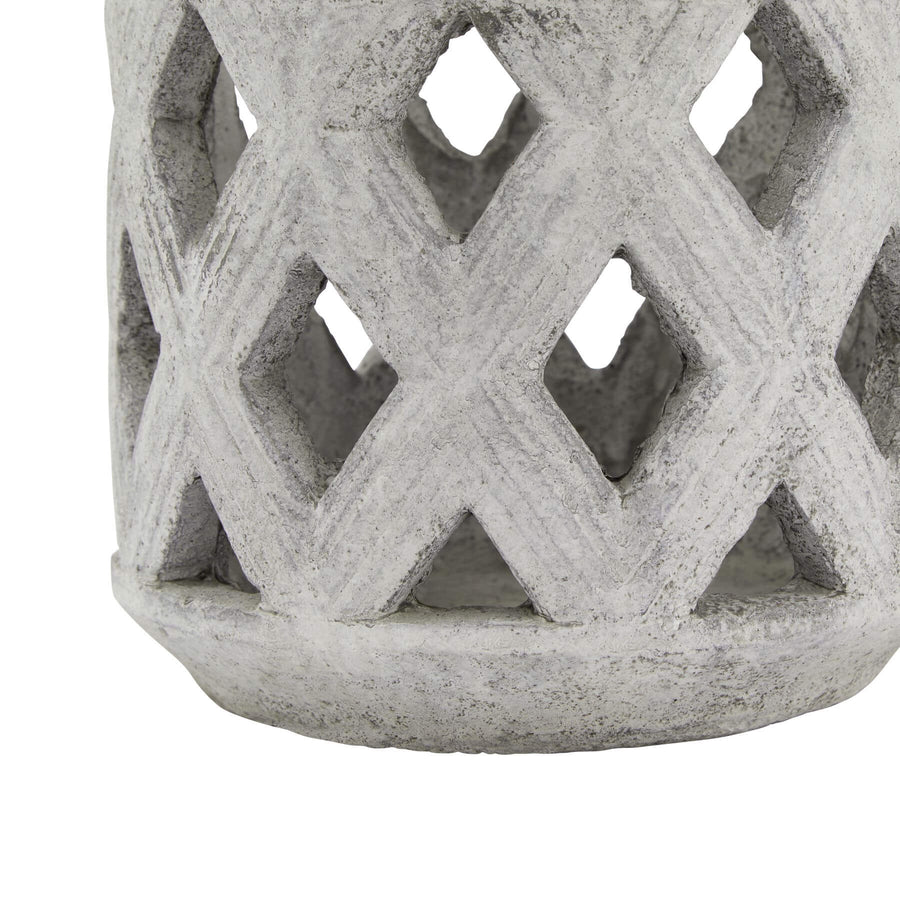 Handcrafted white ceramic lattice lantern with geometric pattern for indoor or outdoor decor by Sostter at brixbailey.com
