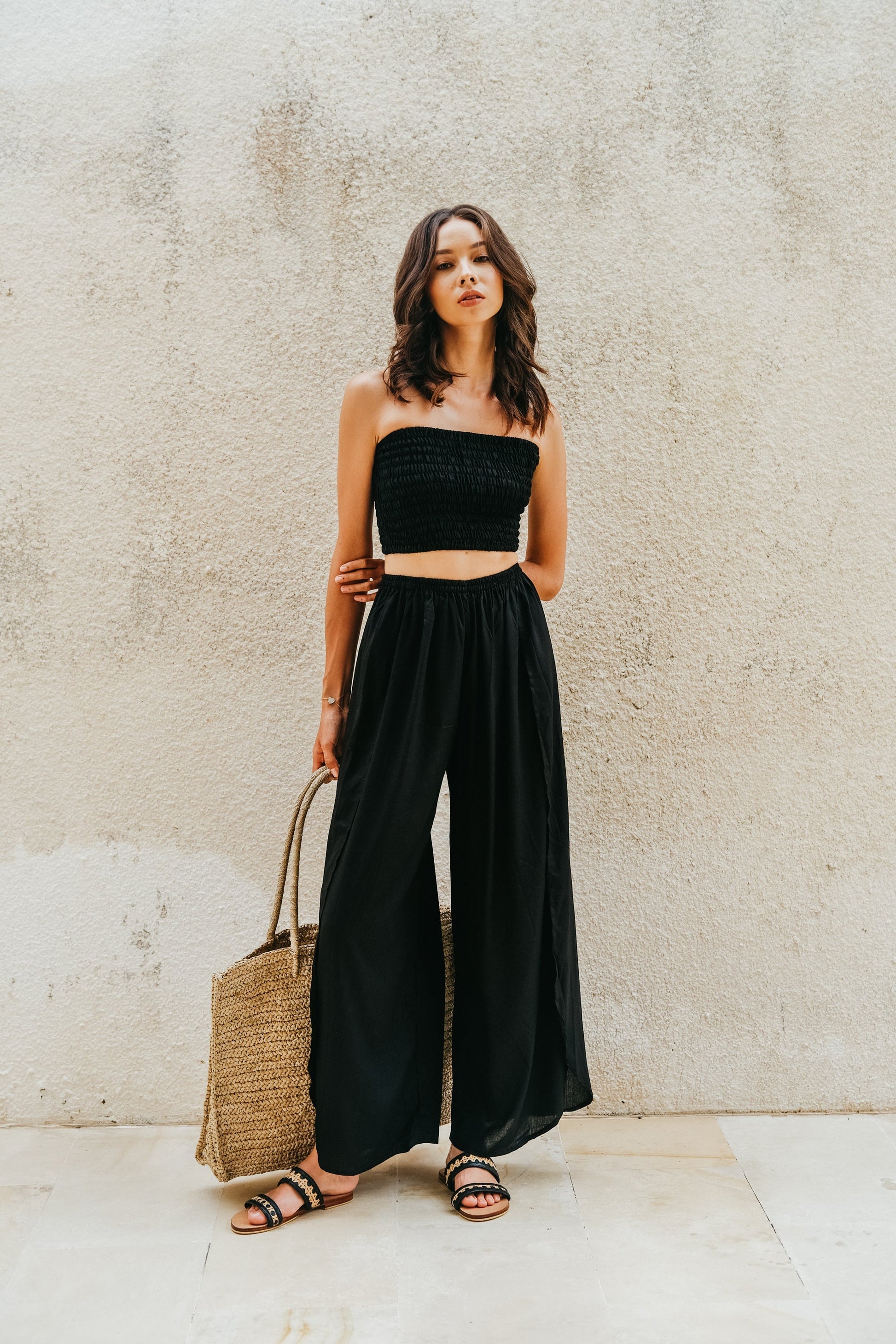 Black Side Split Pants and Tube Top Set