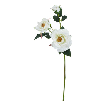 White tea rose artificial stem with creamy petals and green foliage, hyper-realistic plastic floral decor for home arrangements by Sostter at brixbailey.com