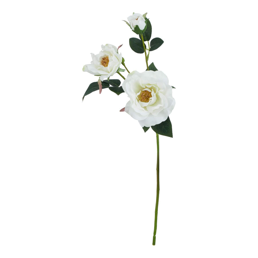 White tea rose artificial stem with creamy petals and green foliage, hyper-realistic plastic floral decor for home arrangements by Sostter at brixbailey.com
