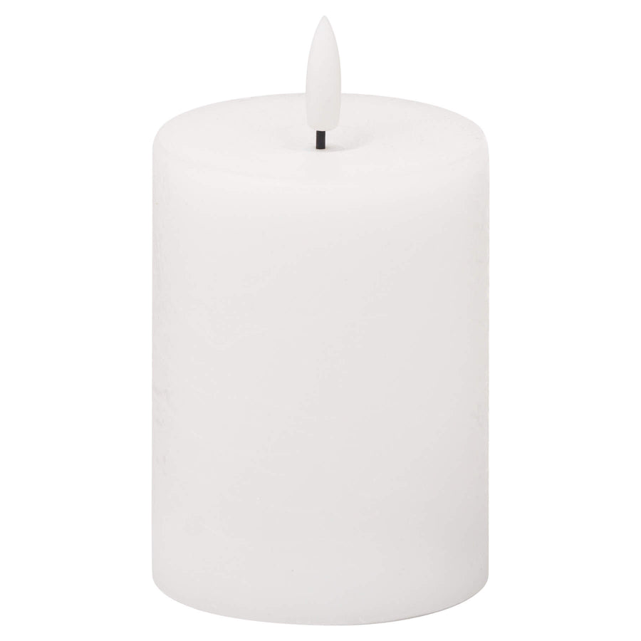 White LED candle with realistic wax texture and warm amber flicker glow, safe flameless decor for home ambiance by Sostter at brixbailey.com