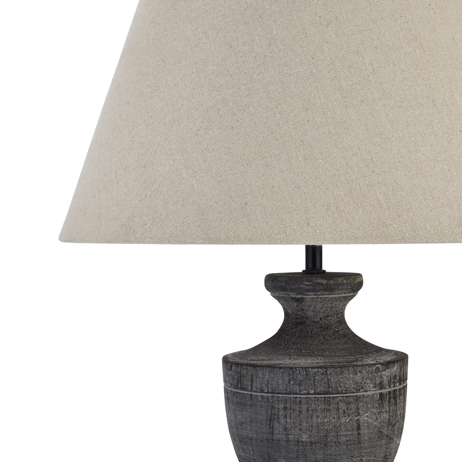 Handcrafted Incia table lamp with grey-washed wood base and neutral linen shade, 51cm tall, for ambient lighting. by Sostter at brixbailey.com