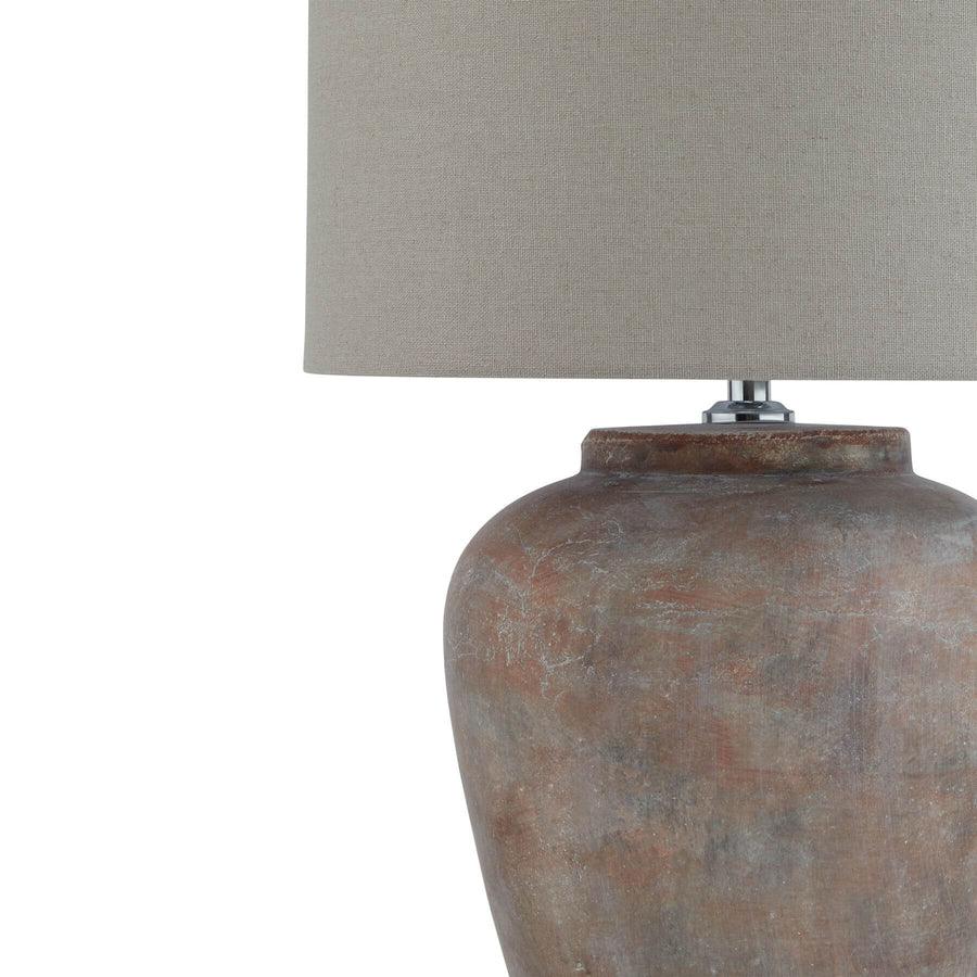Handcrafted Siena brown ceramic table lamp with linen shade in warm grey for bedside or accent lighting by Sostter at brixbailey.com