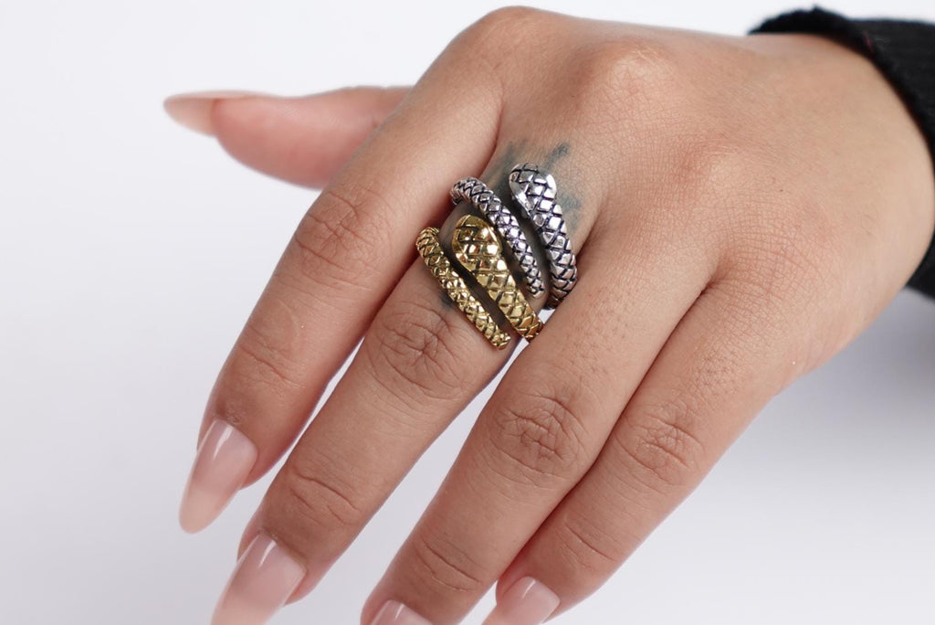 Twisted Serpent – Adjustable Gold & Silver Textured Snake Rings.