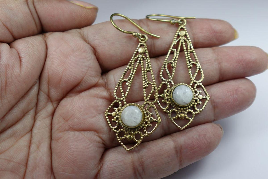 Mandala Brass Earrings with Gemstone Drop - Elegant boho-style brass earrings.