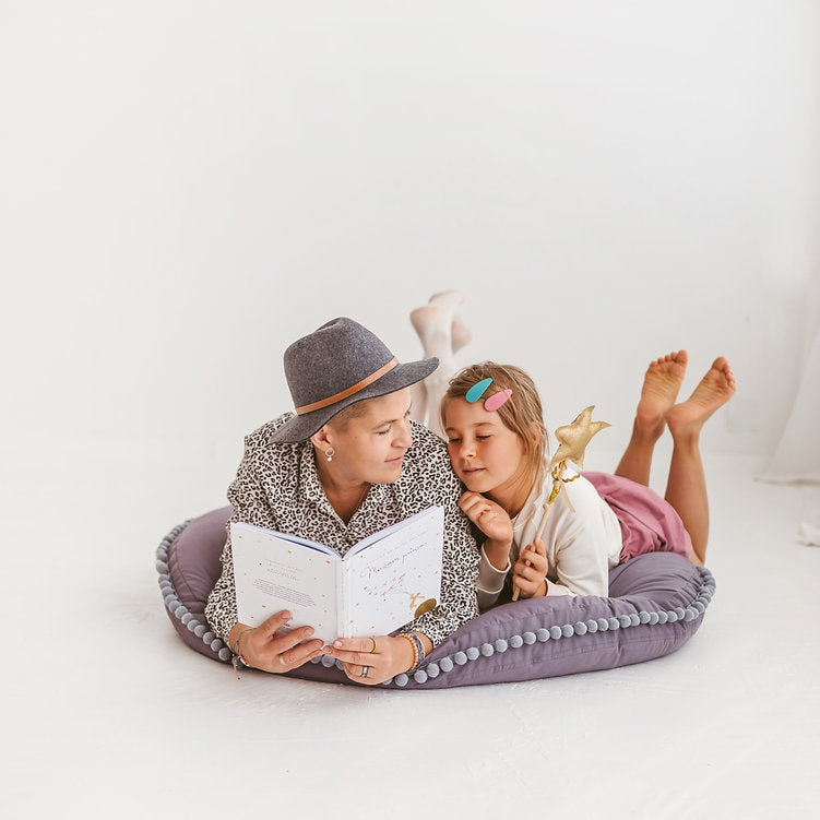 Large Floor Cushion with Pom Poms in Grey