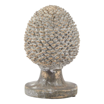 Handcrafted grey stone-effect pinecone ornament with gold metallic accents, 29cm tall, lifelike ceramic texture for home decor. by Sostter at brixbailey.com