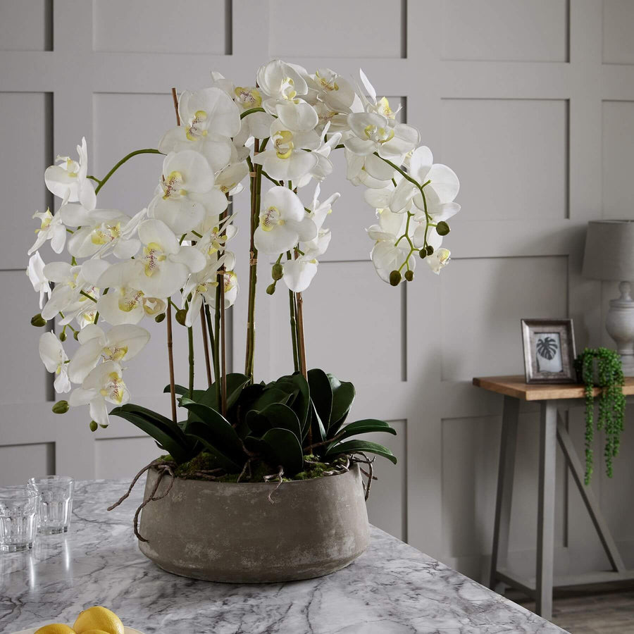 Lifelike white faux orchid in modern stone pot, 90cm tall, realistic plastic blooms with natural stem variations by Sostter at brixbailey.com