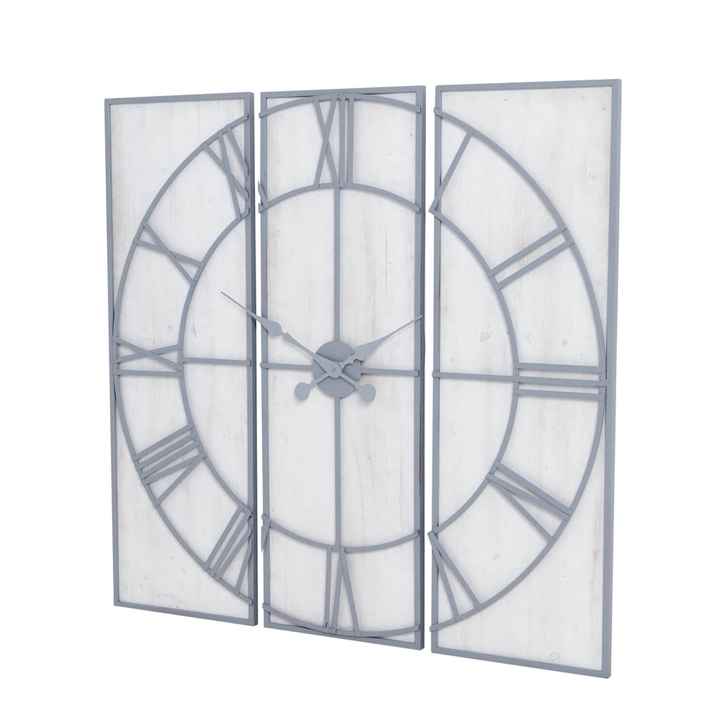 Large silver Roza wall clock with multi-panel metal design, modern numerals, and 60cm diameter for contemporary decor by Sostter at brixbailey.com