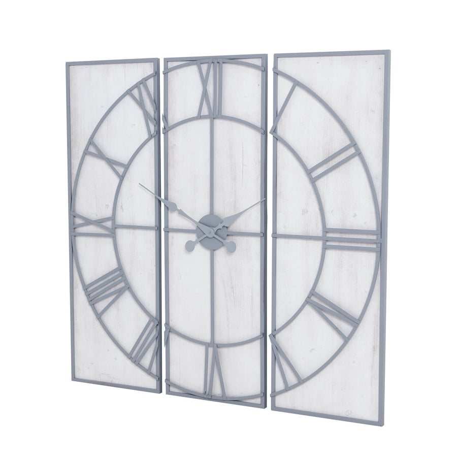 Large silver Roza wall clock with multi-panel metal design, modern numerals, and 60cm diameter for contemporary decor by Sostter at brixbailey.com