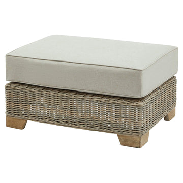 Beige HDPE wicker footstool with Olefin cushion, aluminum frame, and acacia wood feet for outdoor patio or garden. by Sostter at brixbailey.com
