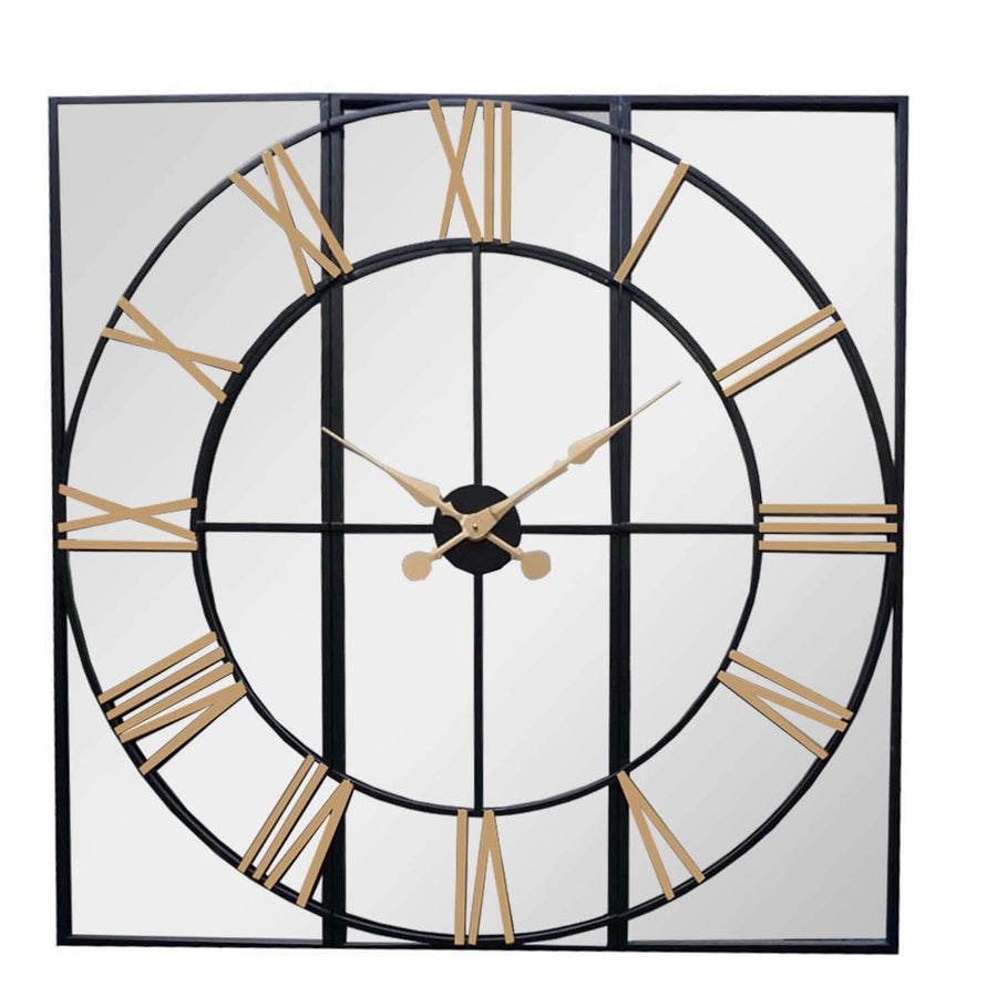Oversized black and gold wall clock, 113cm square with gold accents, modern statement piece for living room or office by Sostter at brixbailey.com
