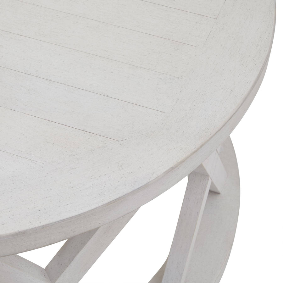 Distressed white round pine coffee table with lattice pattern, rustic modern design, 100cm diameter by Sostter at brixbailey.com