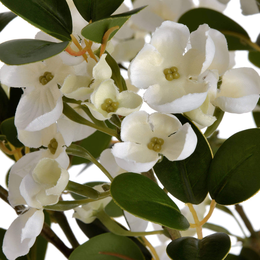 Lifelike white mock orange blossom spray with realistic petals and leaves for home decor by Sostter at brixbailey.com
