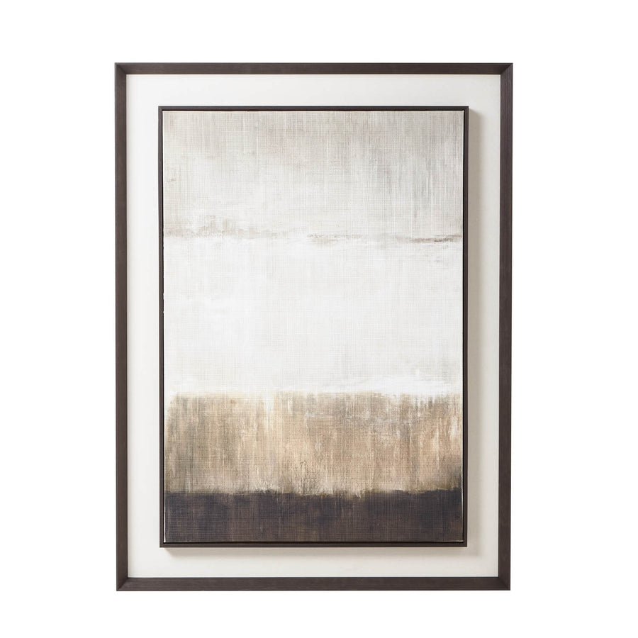Abstract neutral-toned linen artwork in dark wood frame, 120x90cm, ideal for modern minimalist interiors by Sostter at brixbailey.com