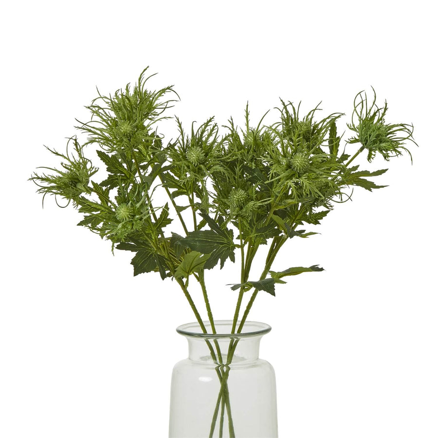 Lifelike sea holly spray with vibrant green spiny foliage and delicate blooms, 67cm tall, for coastal or rustic decor. by Sostter at brixbailey.com