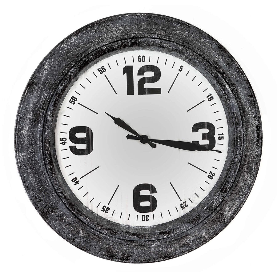 Roco industrial wall clock with silver metal frame, white dial, and bold numerals for vintage-modern decor by Sostter at brixbailey.com