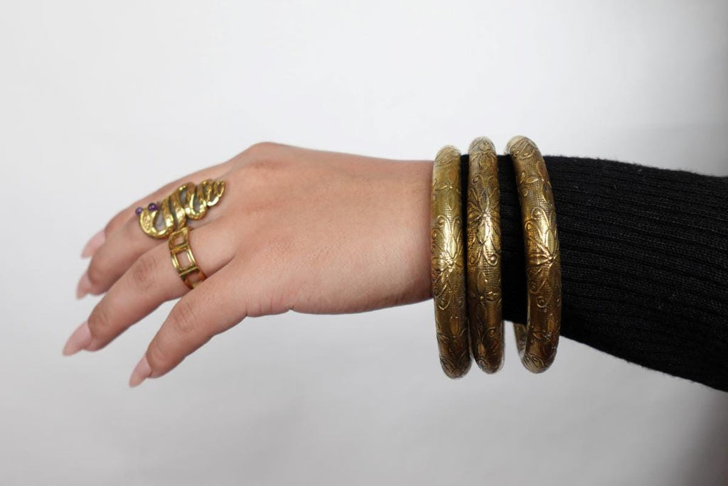 Etched Tribal Boho Brass Bangles - Thick, engraved bangles