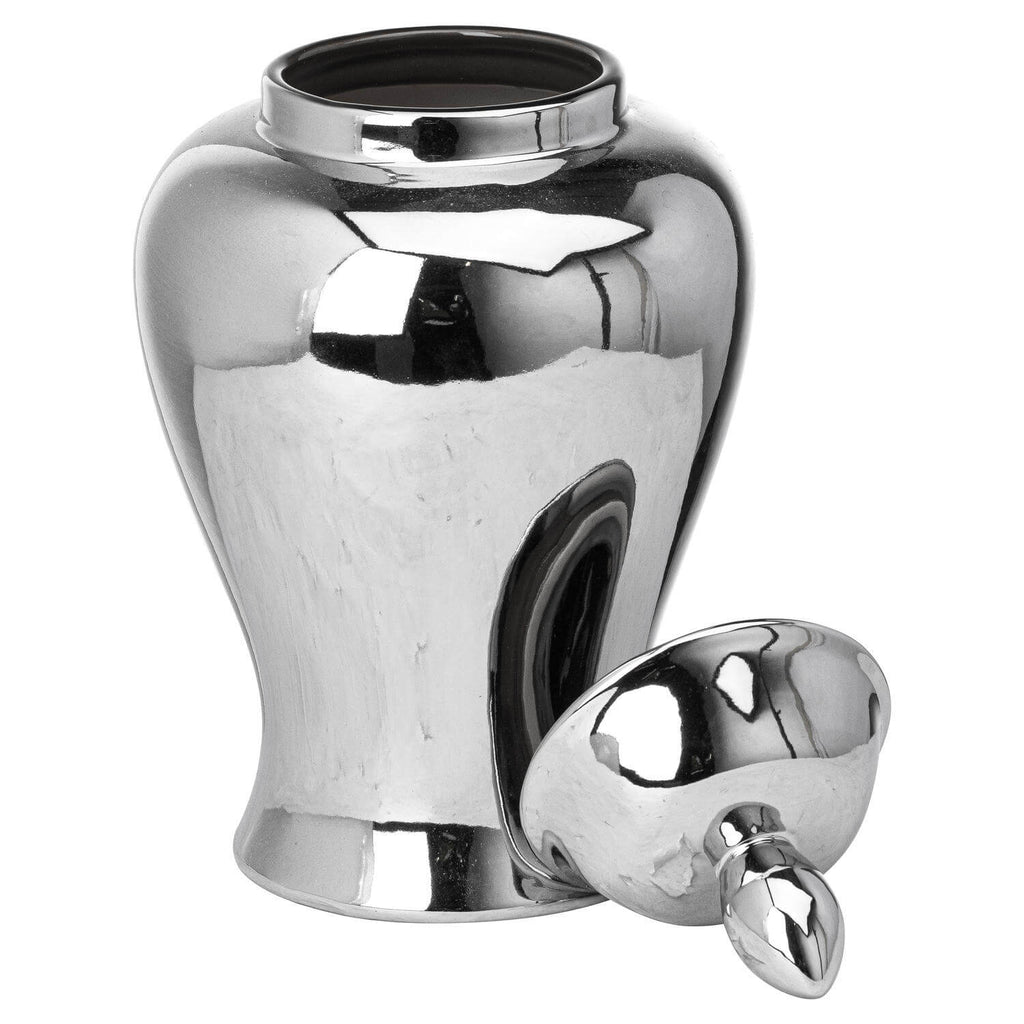 Handcrafted chrome ginger jar in lustrous silver ceramic, 28cm tall, perfect for home decor or floral arrangements by Sostter at brixbailey.com