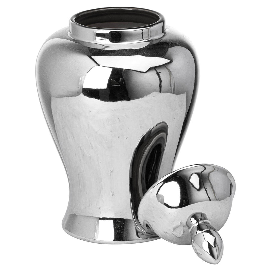 Handcrafted chrome ginger jar in lustrous silver ceramic, 28cm tall, perfect for home decor or floral arrangements by Sostter at brixbailey.com