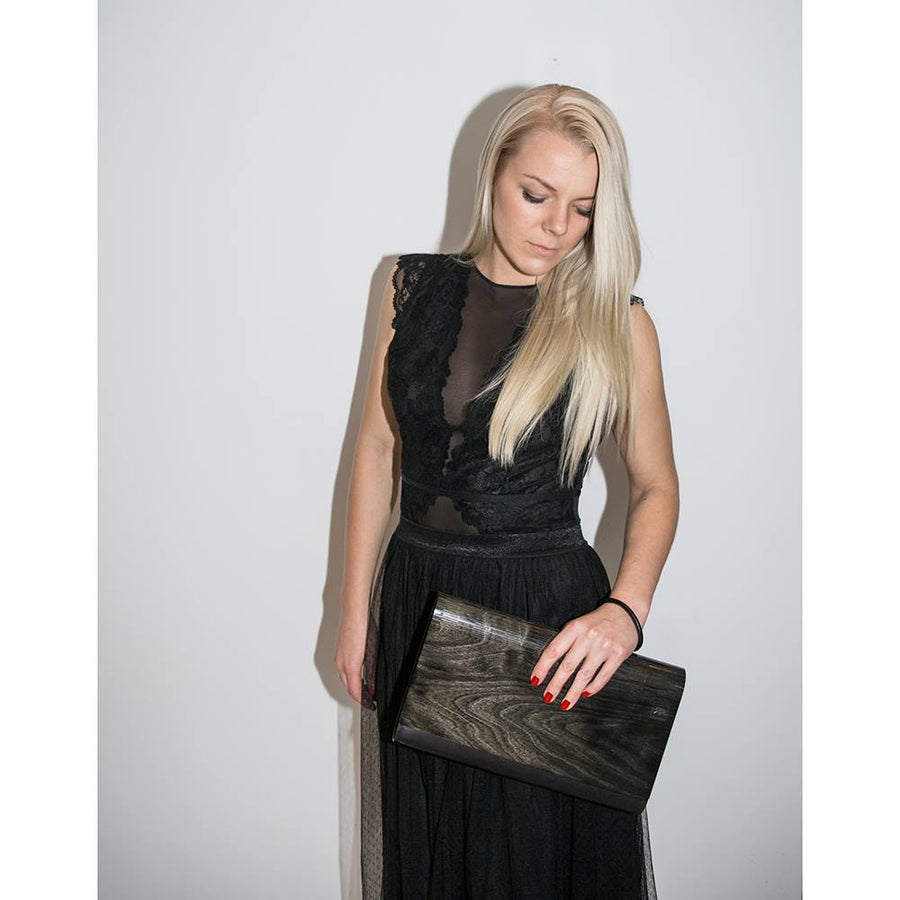 Black Leather & Birch Wood Clutch – Unique, Convertible Design by RR at brixbailey.com