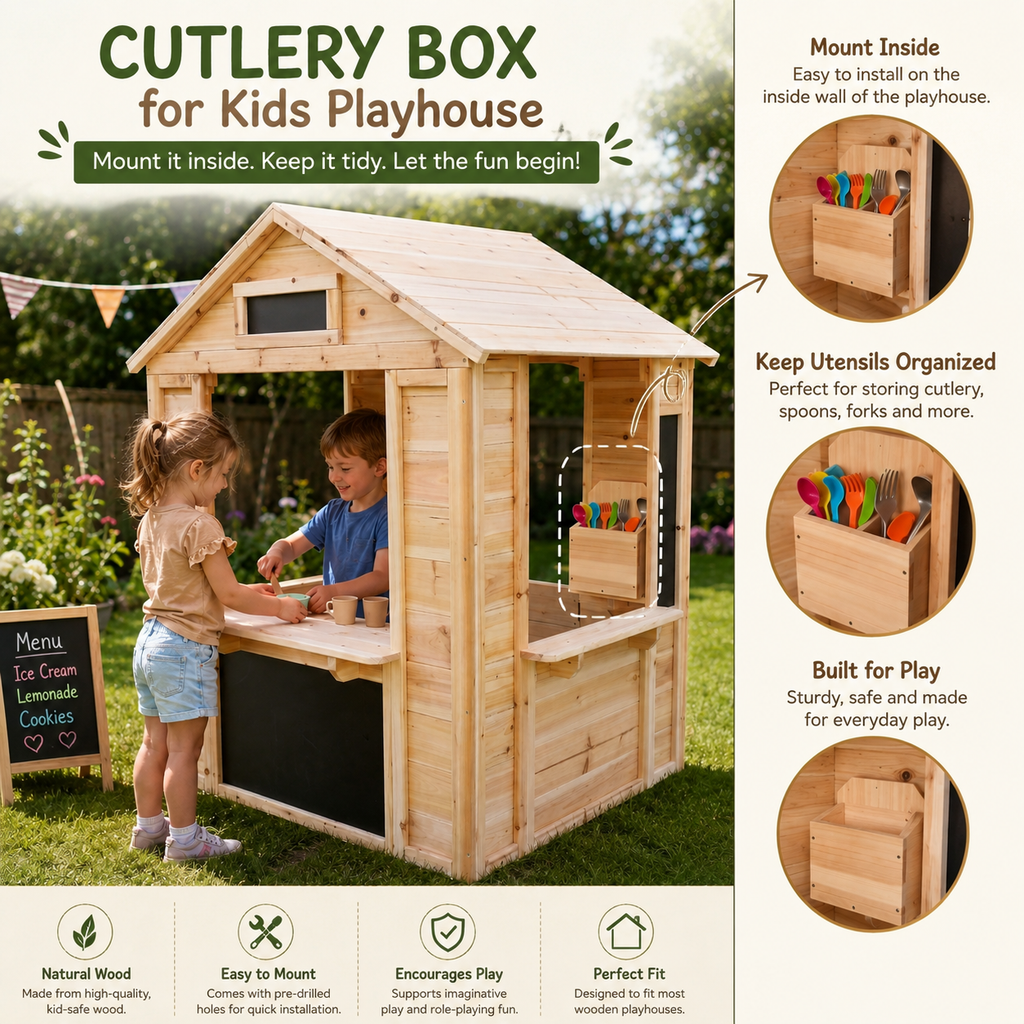 Wooden Playhouse Storage Box Accessory - Cutlery & Role Play Holder