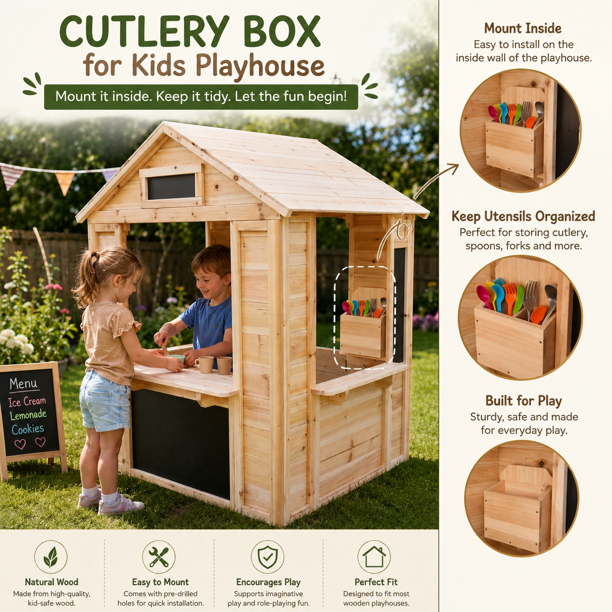 Wooden Playhouse Storage Box Accessory - Cutlery & Role Play Holder