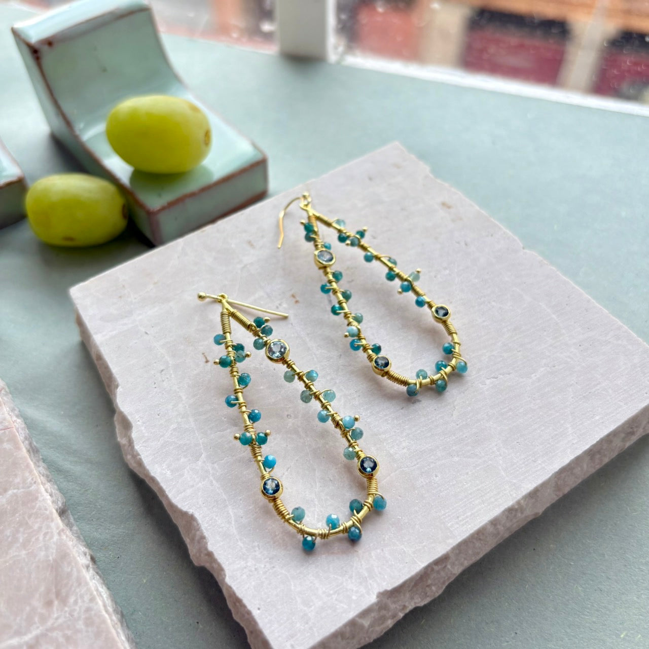 Hydra Large Teardrop Wire-Wrapped Gemstone Earrings Iolite, Blue Topaz & Apatite