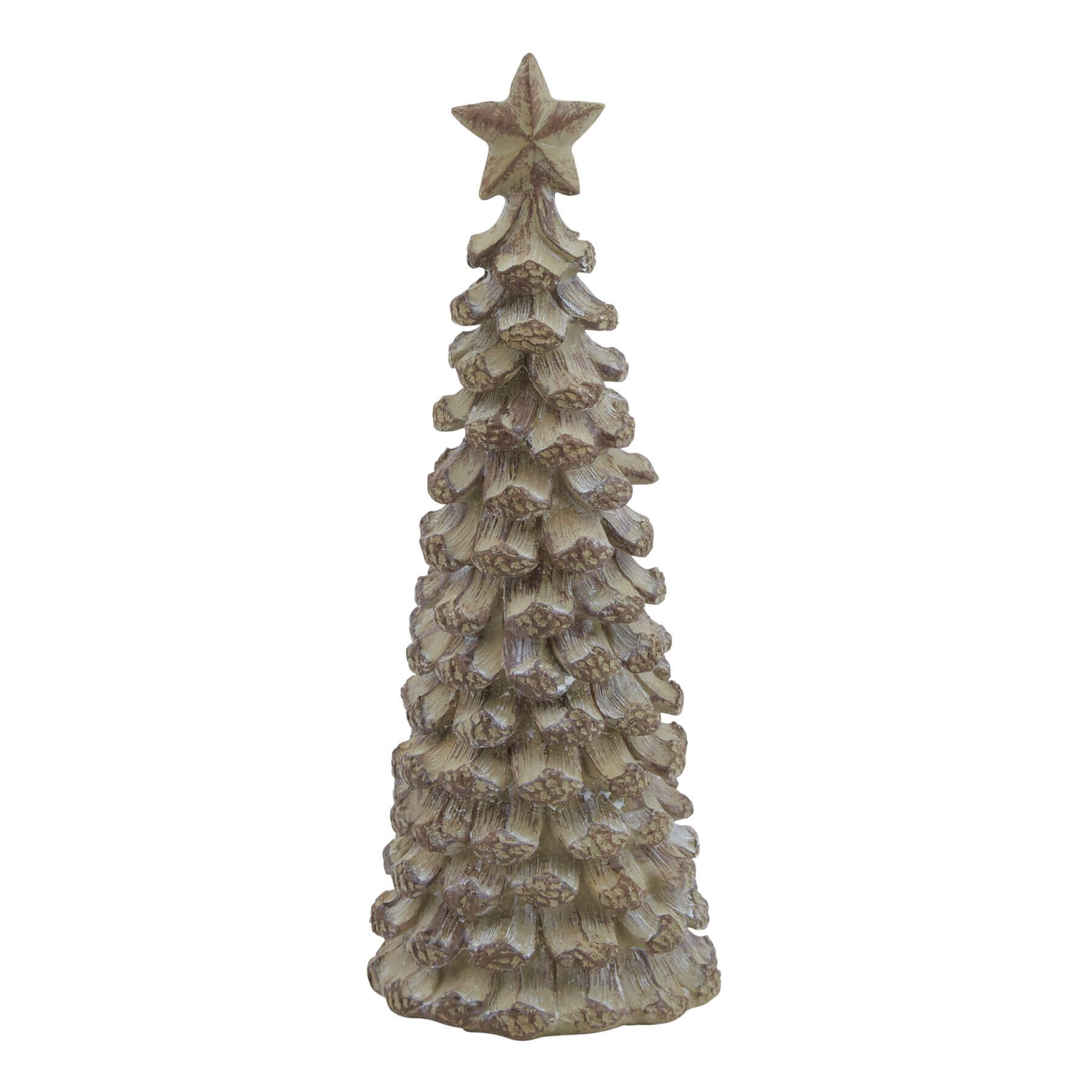 Handcrafted beige cedar-inspired resin tree sculpture with star topper for winter dÃ©cor by Sostter at brixbailey.com